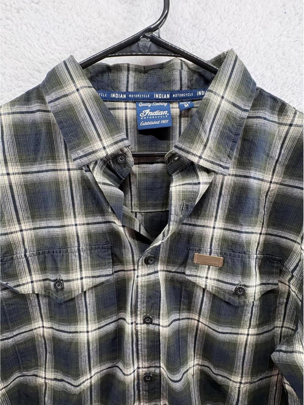 Indian Motorcycles Twin Pocket Plaid Shirt Mens Medium Blue Green Black